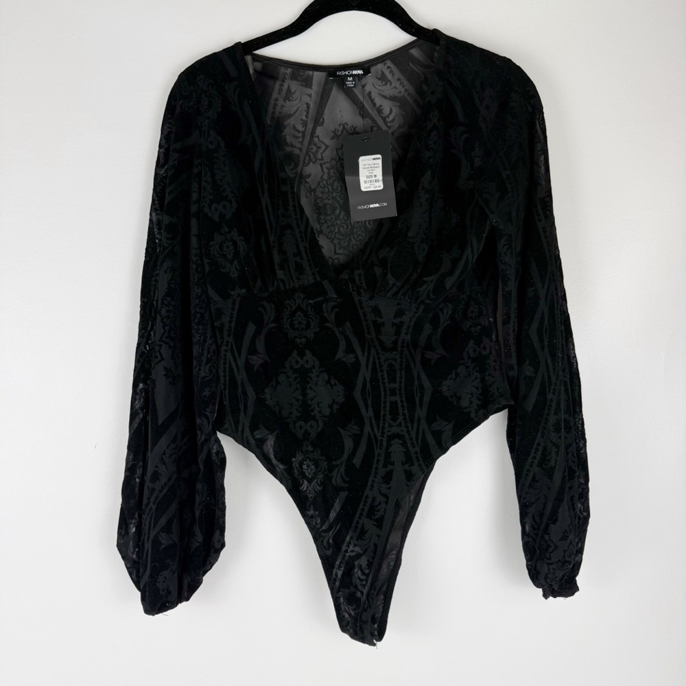 Fashion Nova "Oh You Fancy" Black Velvet Burnout Bodysuit - Size M
